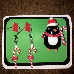 Vintage Hallmark holiday penguin pin & earring set